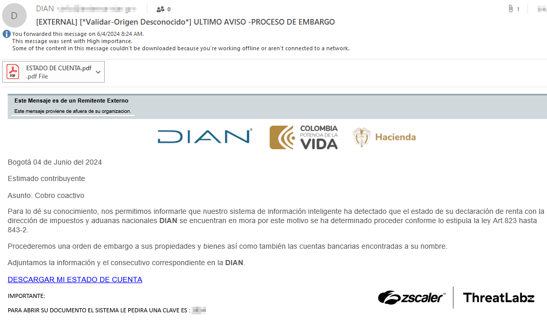 Figure 2: Example BlindEagle phishing email spoofing DIAN with a PDF attachment and malicious link in the email body.